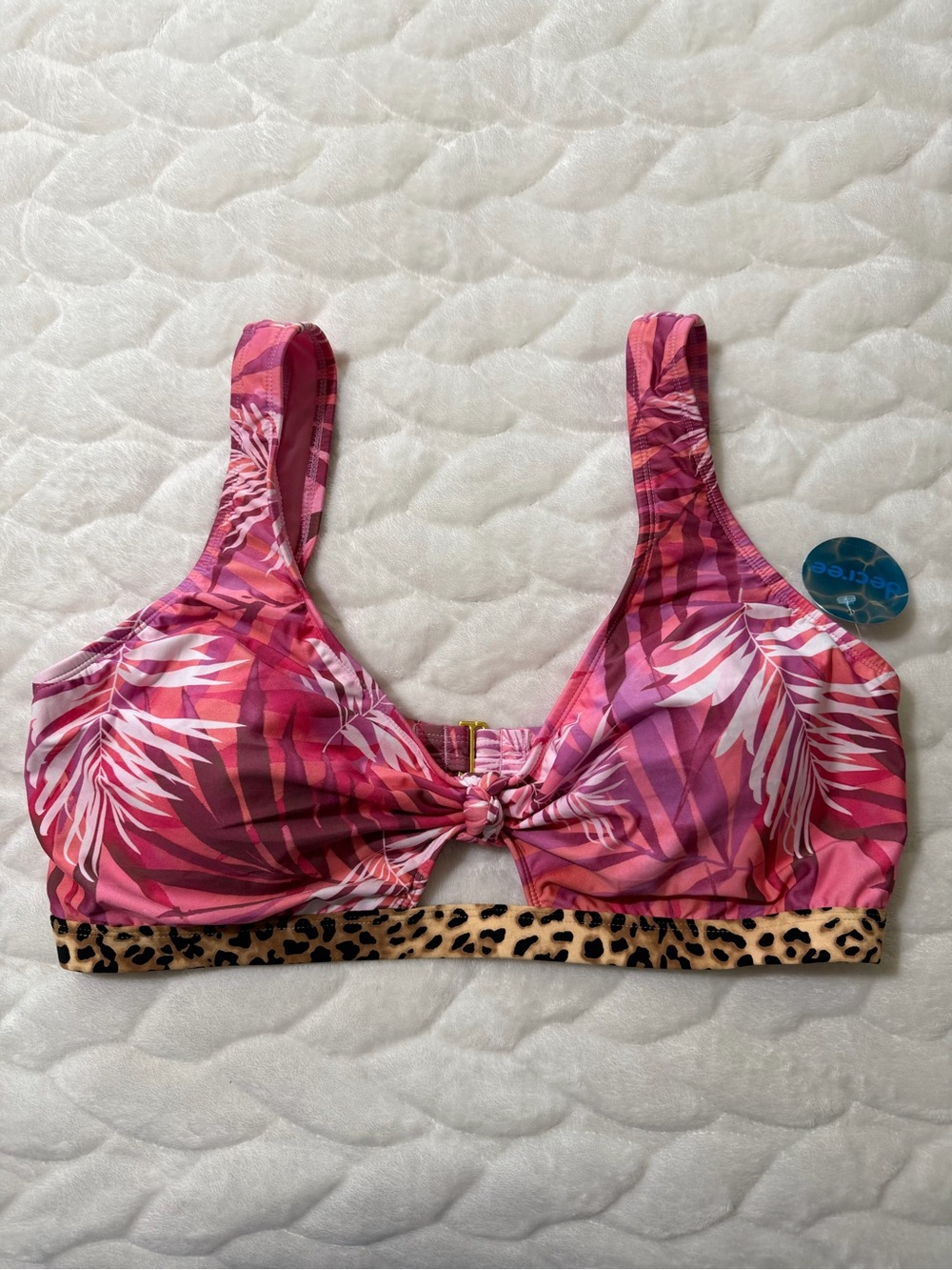 NEW! Decree Pink Tropical Leaf Bikini Top with Leopard Trim size 2X